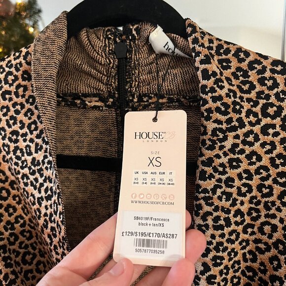 458 NWT House of CB Francesca Cheetah Print Dress Size XS Color Brown Black - Picture 3 of 5